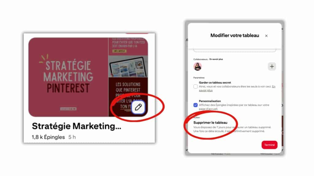 Aperçu de la démarche pour supprimer un tableau sur Pinterest