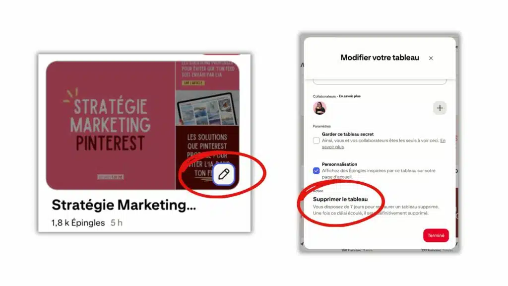 Aperçu de la démarche pour supprimer un tableau sur Pinterest
