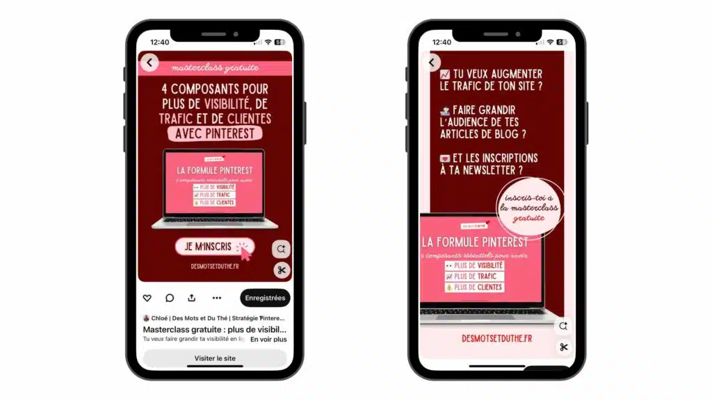 À gauche : aperçu d'une épingle Pinterest en 1000 x 1500 px avec le bouton visible. À droite : aperçu d'une épingle plus longue, sans le bouton visible.