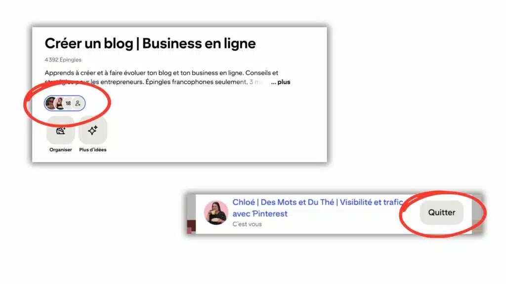 captures d'écran pour montrer le processus pour quitter un tableau collaboratif sur Pinterest.