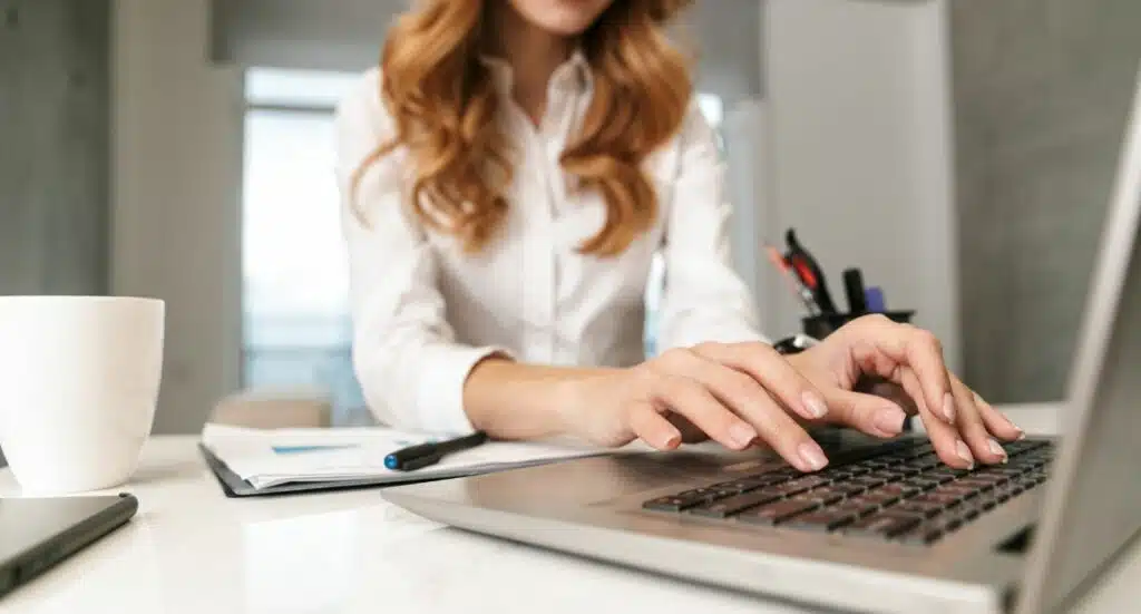 Femme tapant sur un clavier d'ordinateur, illustration d'un article sur c'est quoi le SEO.
