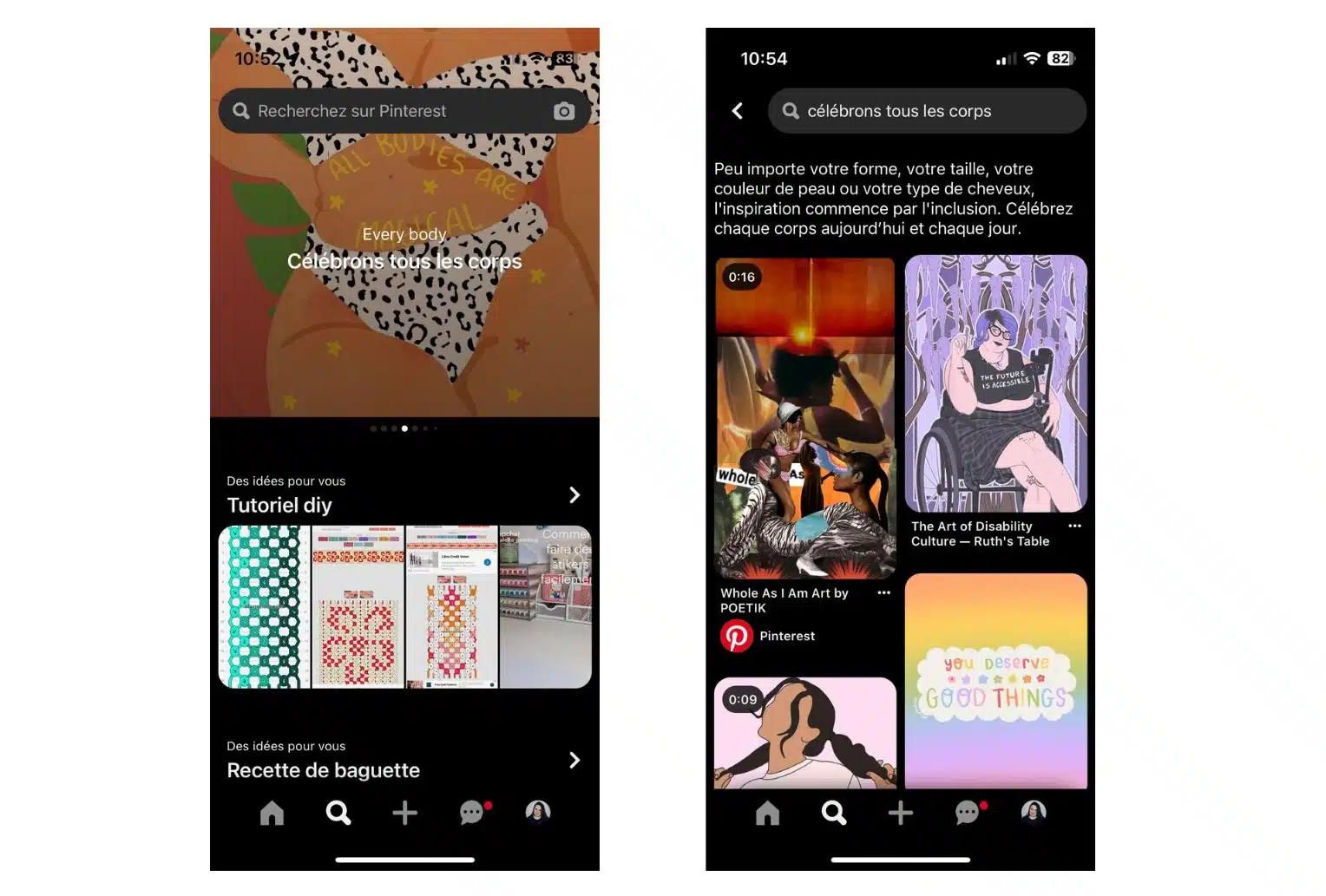 Aperçu de l'affichage des tendances émergentes sur mobile. Deux captures d'écran : à gauche, on voit, tout en haut, le titre "célébrons tous les corps", à droite, la sélection de contenu sur cette thématique.
