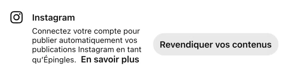 Capture d'écran du bouton Pinterest pour revendiquer son contenu Instagram