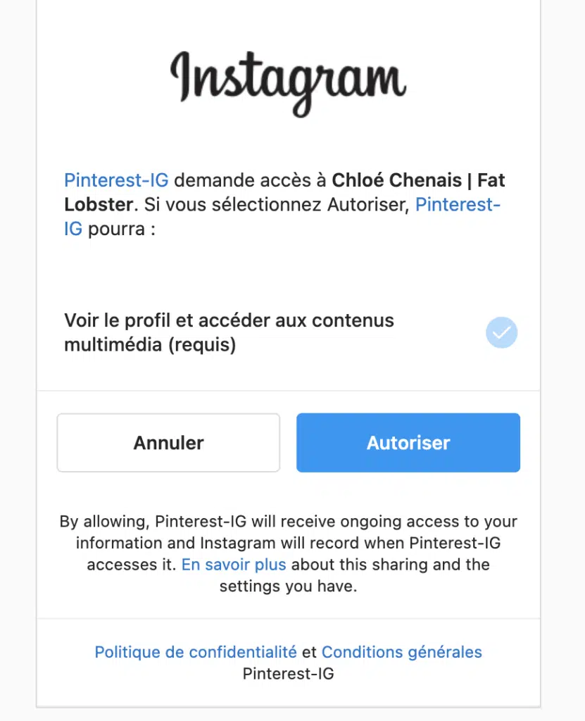 Capture d'écran de la revendication du compte Instagram sur Pinterest