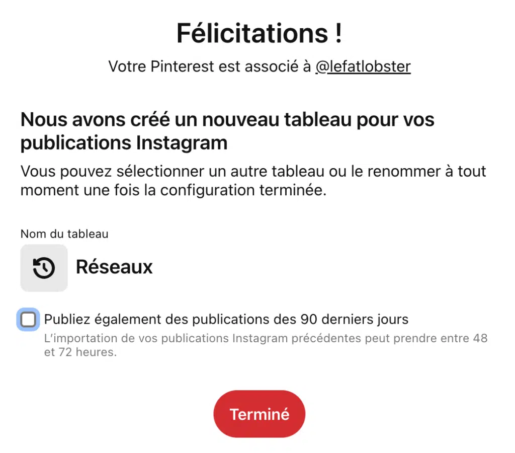 Capture d'écran de la revendication du compte Instagram sur Pinterest