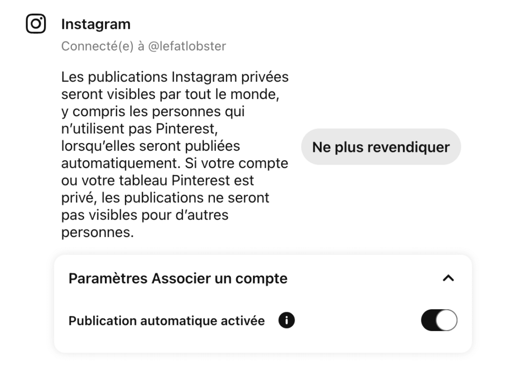 Capture d'écran de la revendication du compte Instagram sur Pinterest