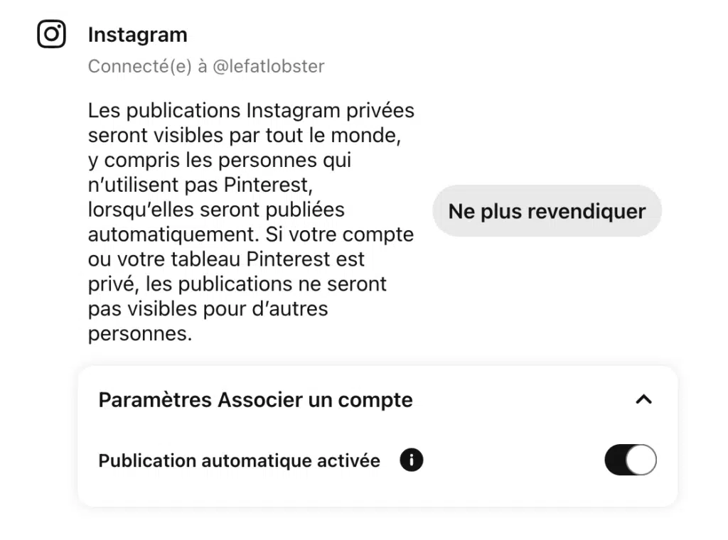 Capture d'écran de la revendication du compte Instagram sur Pinterest