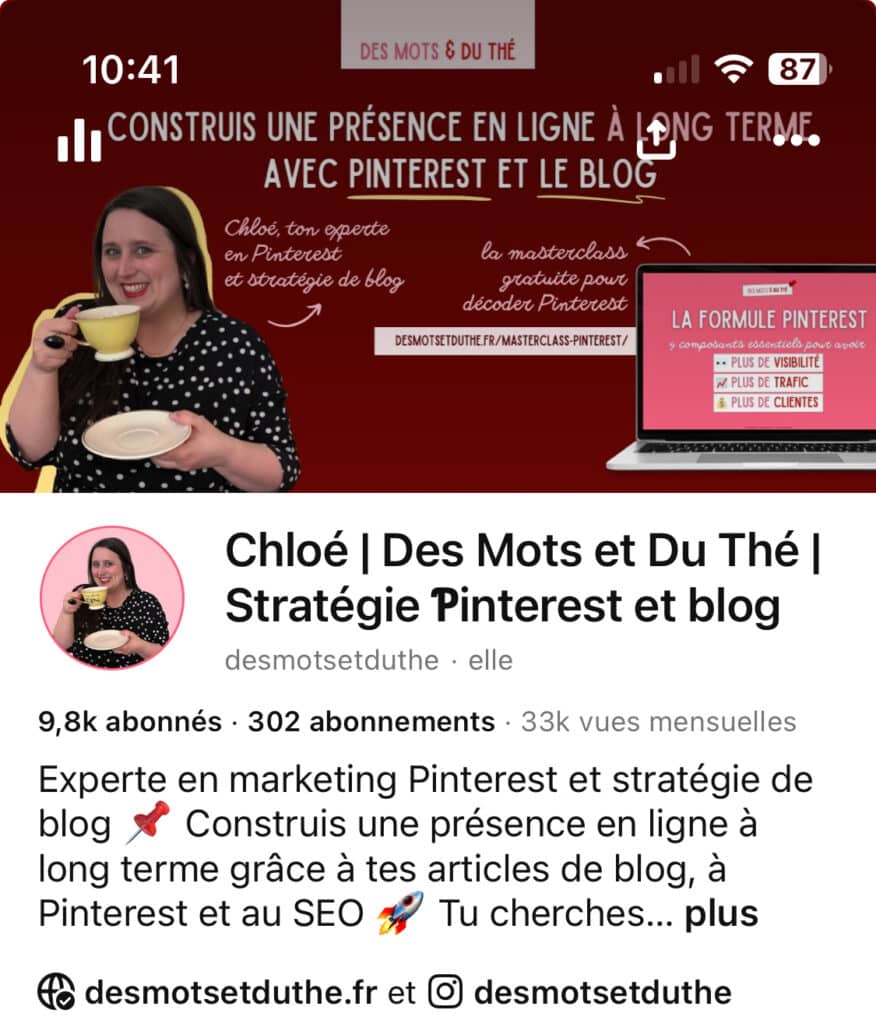 Aperçu d'un profil Pinterest avec une image de couverture.