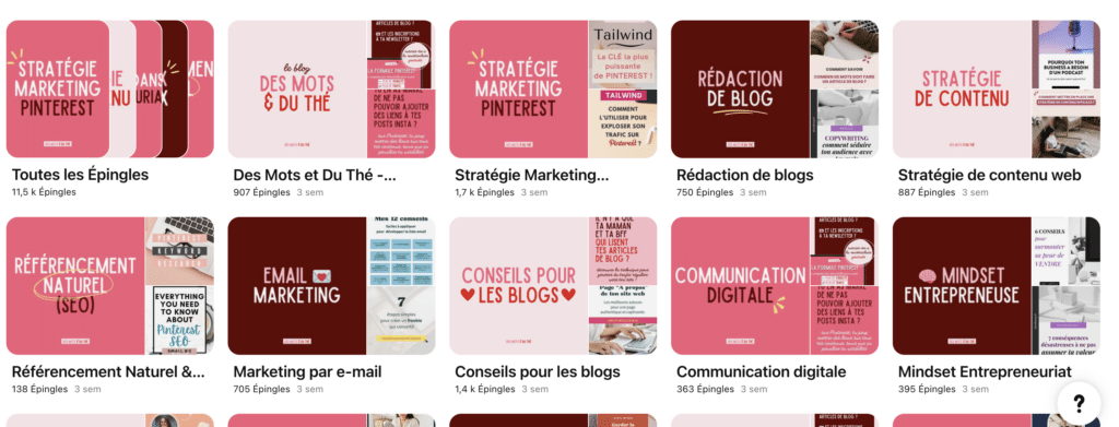 Aperçu des tableaux Pinterest avec des couvertures.