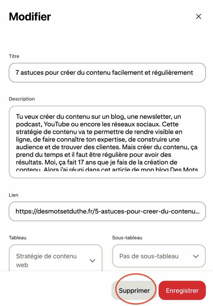 La fenêtre pour modifier ou supprimer une épingle Pinterest