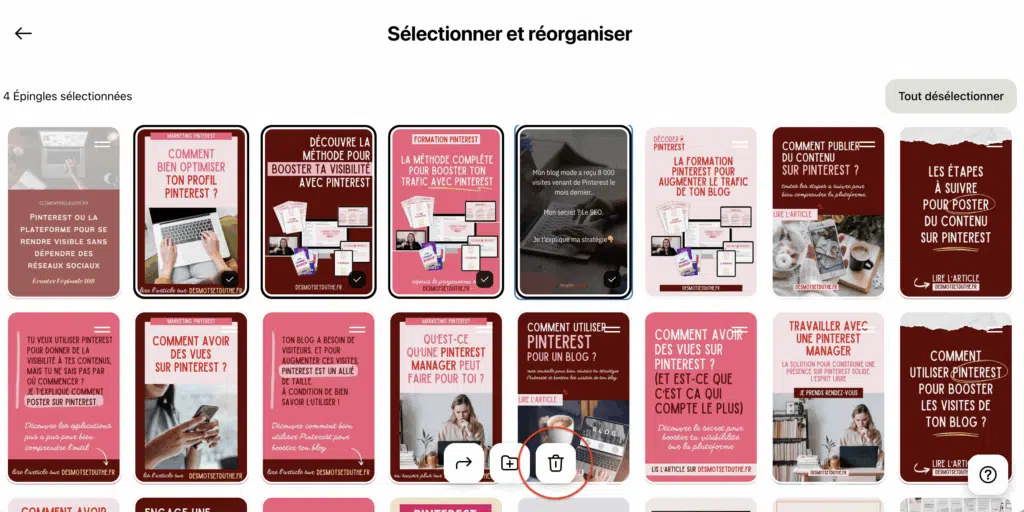 Capture d'écran de la sélection d'épingles Pinterest pour les supprimer.