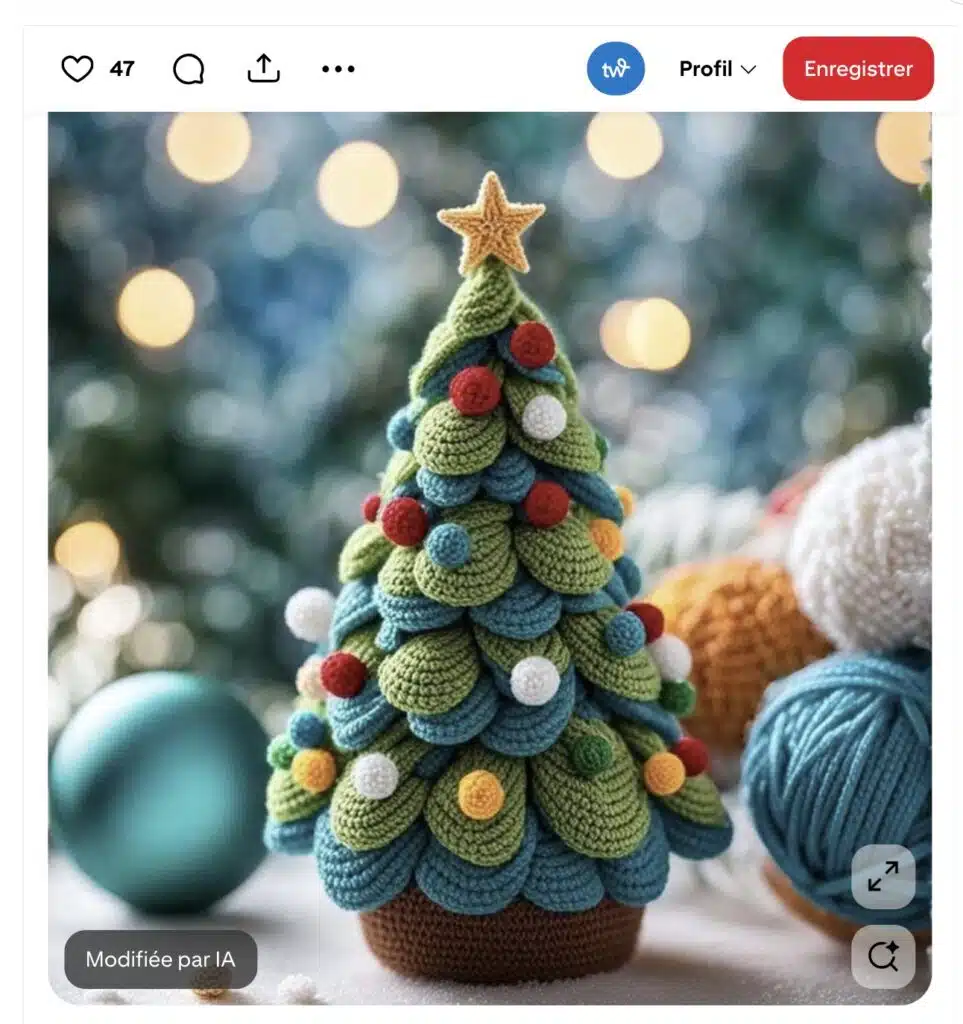 Épingle Pinterest d'un sapin en crochet avec l'étiquette Modifié par IA.