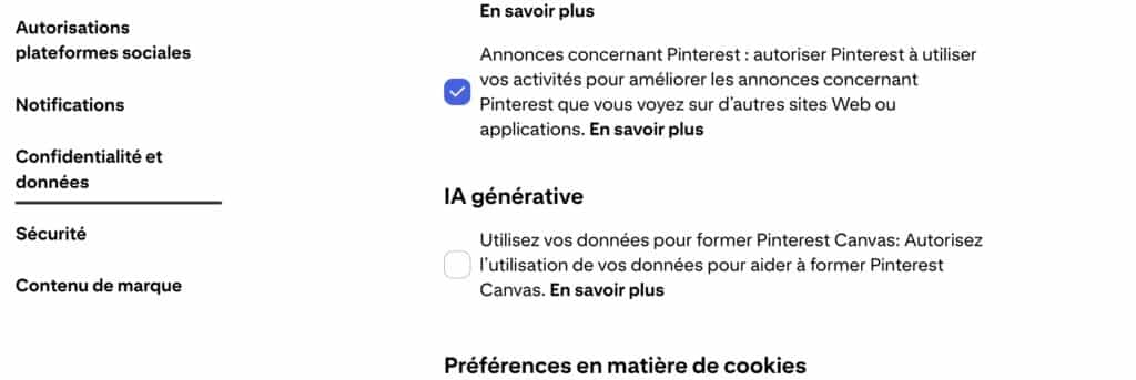 Les paramètres Pinterest pour autoriser l'IA générative