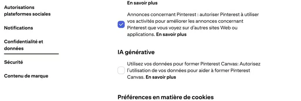 Les paramètres Pinterest pour autoriser l'IA générative
